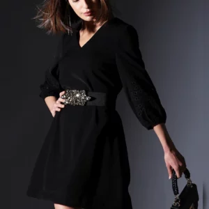 BLACK EMBROIDERED SLEEVES MINI DRESS
