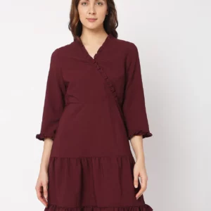 WINE MOCK WRAP SHIFT DRESS