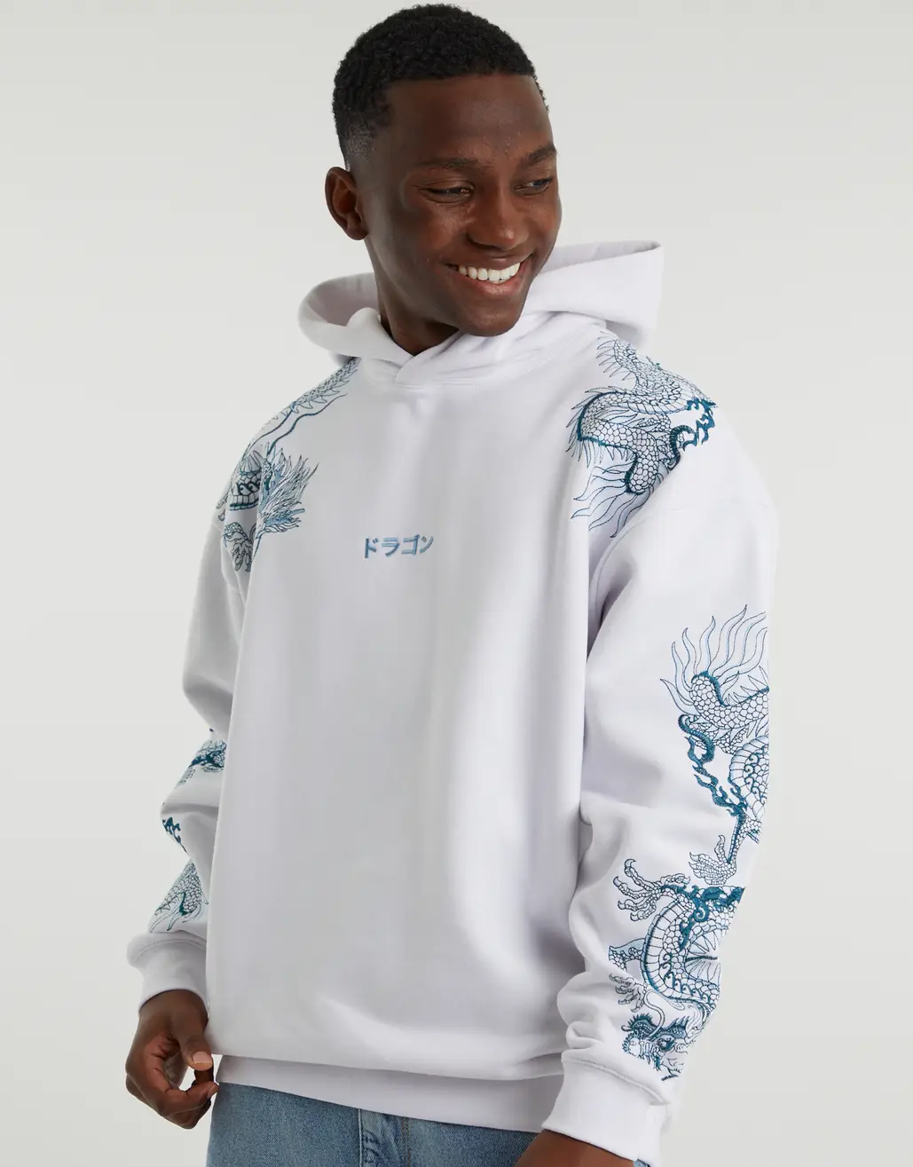 DRAGON EMBROIDERED BOX FIT HOODIE IN WHITE